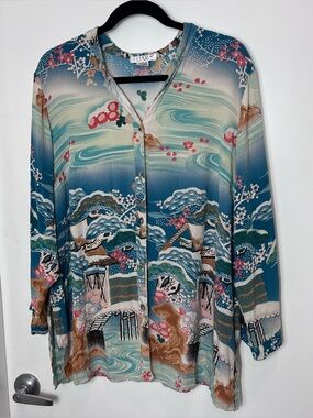 Citron Santa Monica Silk Blue Floral Asian Inspired Blouse Tunic Top Button Long